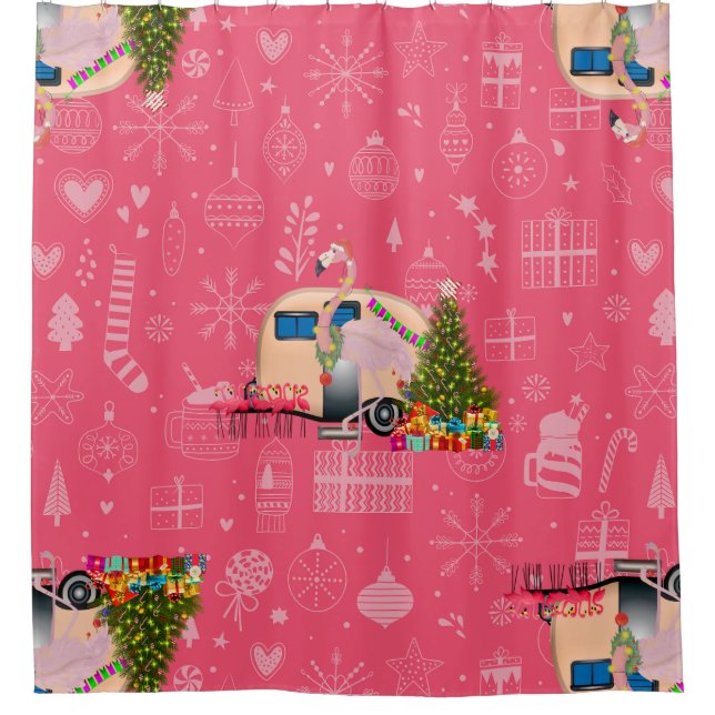 Rideaux De Douche caravane de Noël rose flamingo père Noël (Devant)