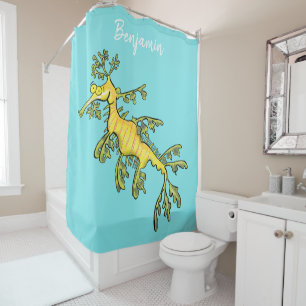 Rideaux De Douche Caricature amusante de dragon de mer feuillu