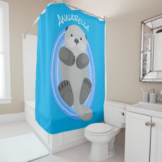 Rideaux De Douche Caricature bleu loutre de mer joyeux (En situation)