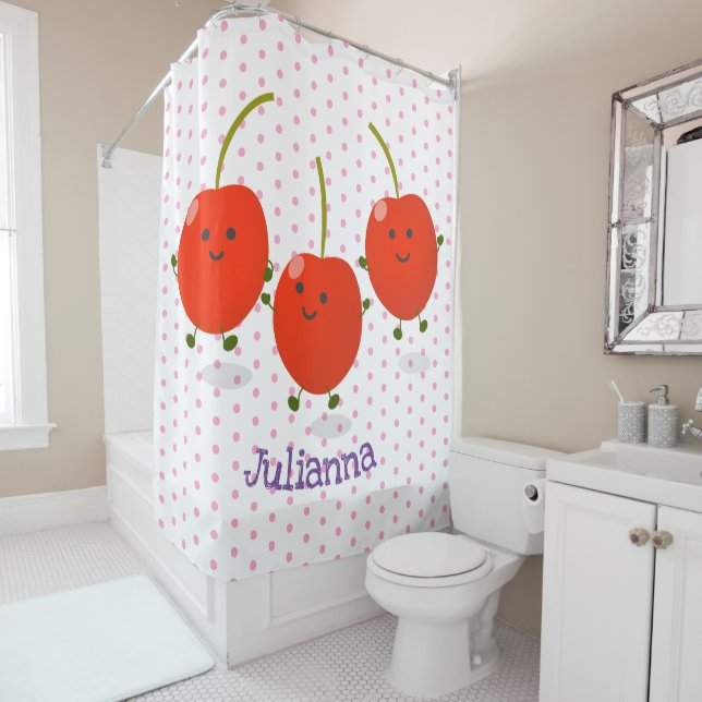 Rideaux De Douche Caricature de cerises rouges à sauter mûr (En situation)