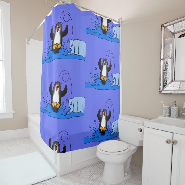 Rideaux De Douche Caricature de manchot joyeux sautant (En situation)