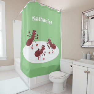 Rideaux De Douche Caricature de patinage sur glace de Happy red four
