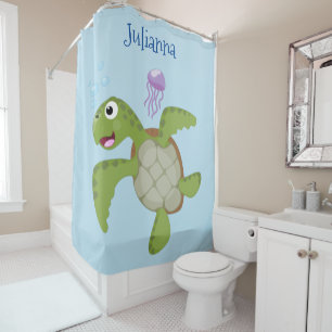 Rideaux De Douche Caricature joyeuse de tortue de mer verte mignonne