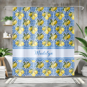 Rideaux De Douche Carreau bleu blanc Motif citron Méditerranée Nom