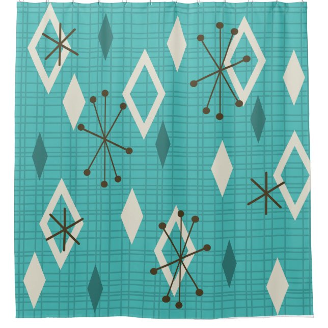 Rideaux De Douche Carreau du milieu du siècle Starbursts Turquoise (Devant)