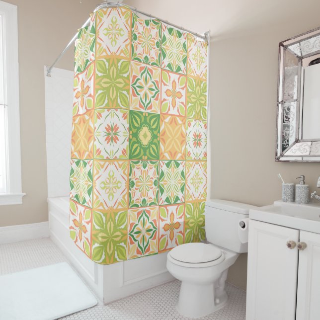 Rideaux De Douche Carreaux ornés en vert et jaune (En situation)