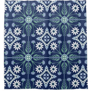 Rideaux De Douche carrelage marocain arabesque bleu vif blanc