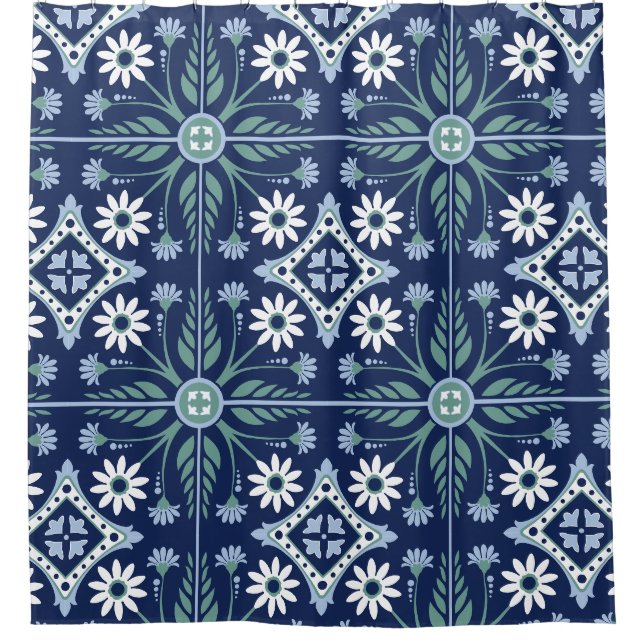Rideaux De Douche carrelage marocain arabesque bleu vif blanc (Devant)