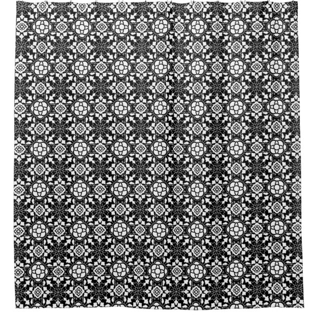 Rideaux De Douche Carrelage marocain floral, noir et blanc (Devant)