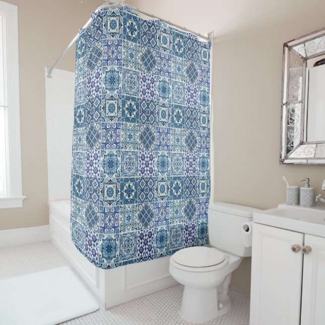 Rideaux De Douche Carrelage méditerranéen, Portugais, Azulejo, Majol (En situation)