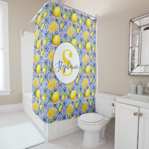 Rideaux De Douche Carrelage Motif Citron Blanc Bleu Nom Monogramme