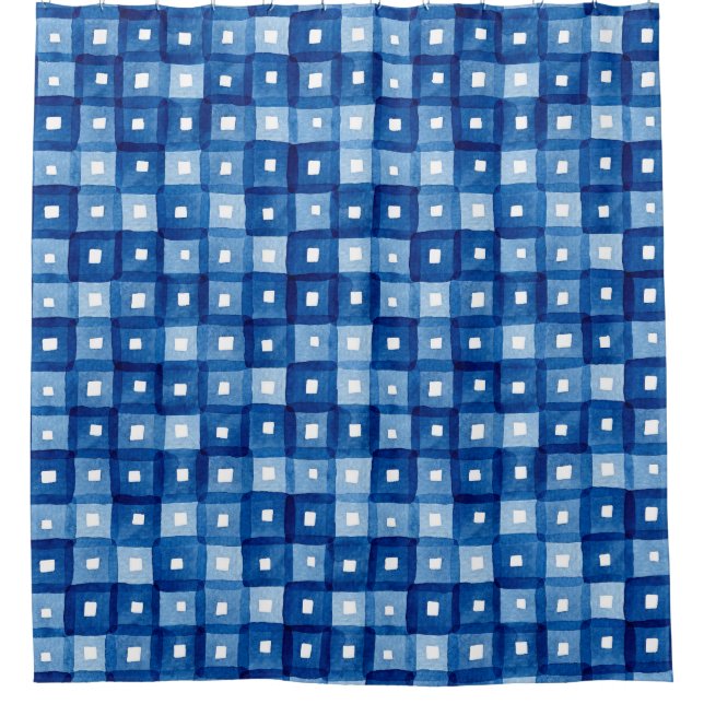 Rideaux De Douche Carrés Bleus, Aquarelle Mosaïque sans joint. (Devant)