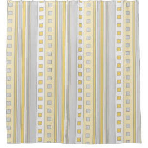 Rideaux De Douche Carrés et rayures géométriques, Jaune, Gris, Crème