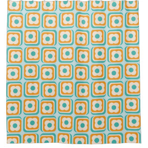 Rideaux De Douche Carrés floraux les années 70 rétro, Aqua, Orange, 