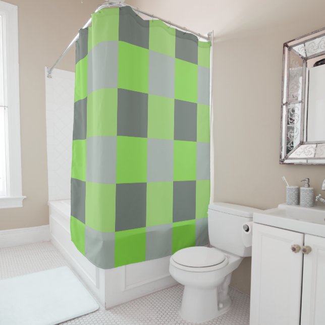 Rideaux De Douche Carrés verts gris et citron vert (En situation)