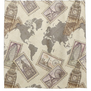 Rideaux De Douche Carte du monde de timbres-poste vintage Voyage (2)