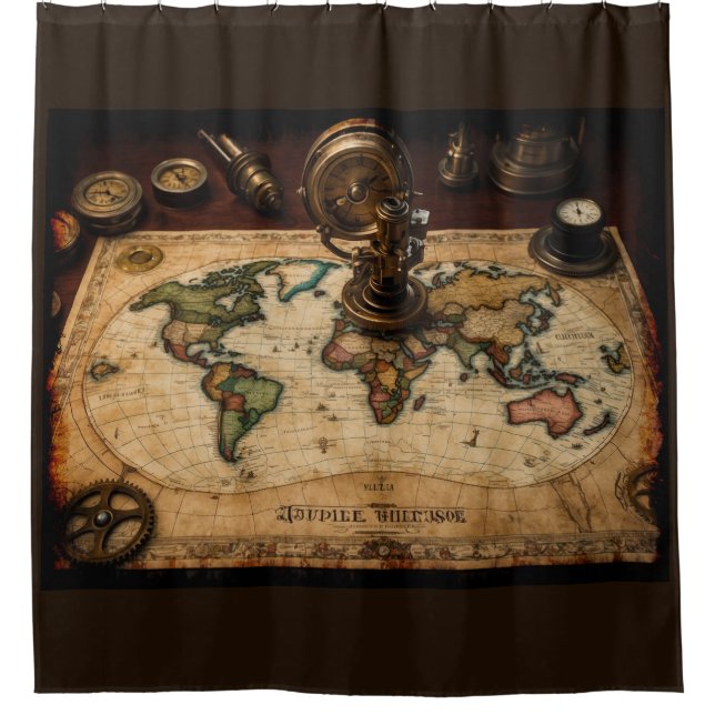 Rideaux De Douche Carte du monde Steampunk Olde (Devant)