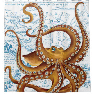 Rideaux De Douche Carte Vintage bleue octopus Brown