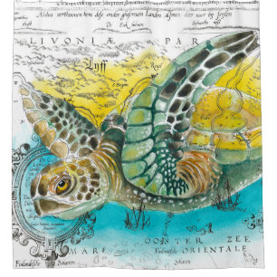 Rideaux De Douche Carte Vintage de la tortue de mer blanche