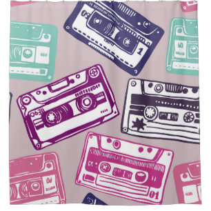 Rideaux De Douche cassettes rétro, motif dessiné à la main.