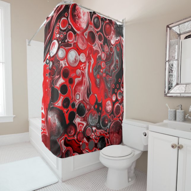 Rideaux De Douche Cellules d'art fluides peintes en noir, rouge et b (En situation)