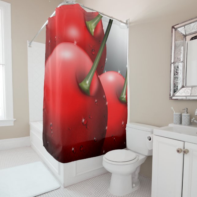 Rideaux De Douche Cerises avec gouttes de ragoût (En situation)