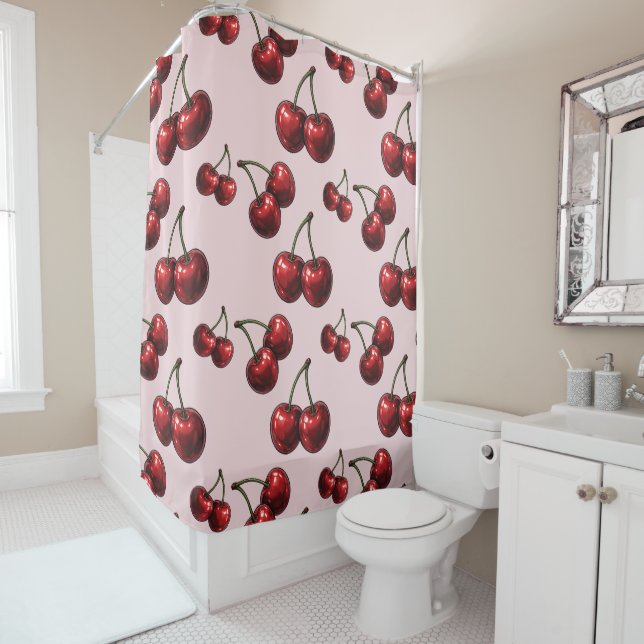Rideaux De Douche Cerises Rouges Brillantes Rétro Glam Rose (En situation)