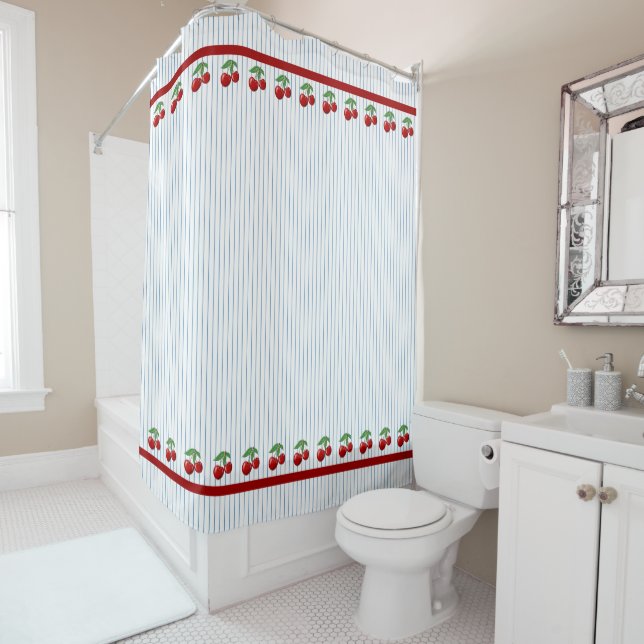 Rideaux De Douche Cerises rouges sur Bleu Motif graphique (En situation)