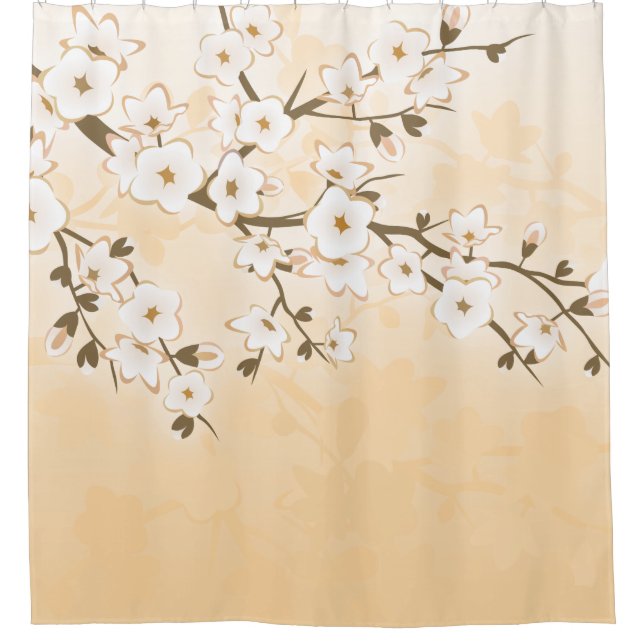 Rideaux De Douche Cerisier Fleur Beige Crème Asie Floral (Devant)