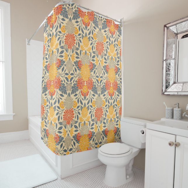 Rideaux De Douche Chaleureux Jaune, Orange & Bleu Floral (En situation)