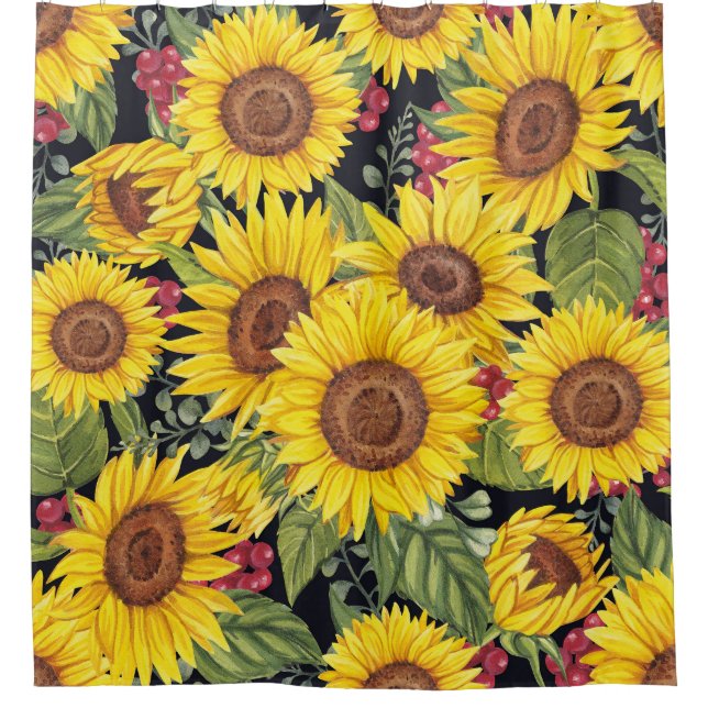 Rideaux De Douche Champ de tournesol : aquarelle noir arrière - plan (Devant)