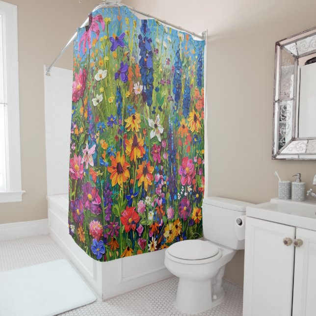 Rideaux De Douche Champ fleur sauvage Peinture acrylique (En situation)