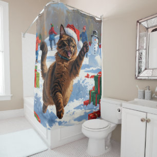 Rideaux De Douche Chat abyssin Scène de neige festive de Noël