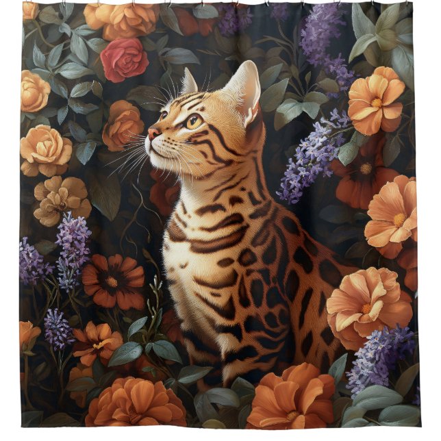 Rideaux De Douche Chat Bengale entouré de belles fleurs (Devant)