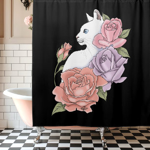 Rideaux De Douche Chat Blanc Pastel Floral Botanique Romantique Noir