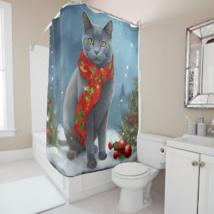 Rideaux De Douche Chat bleu russe à Noël de neige