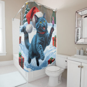 Rideaux De Douche Chat Bleu Russe Courant dans la Neige avec un Chap