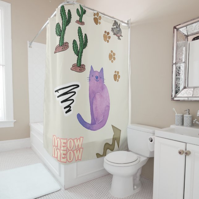 Rideaux De Douche Chat Chat de Douche Poisson Cactus (En situation)
