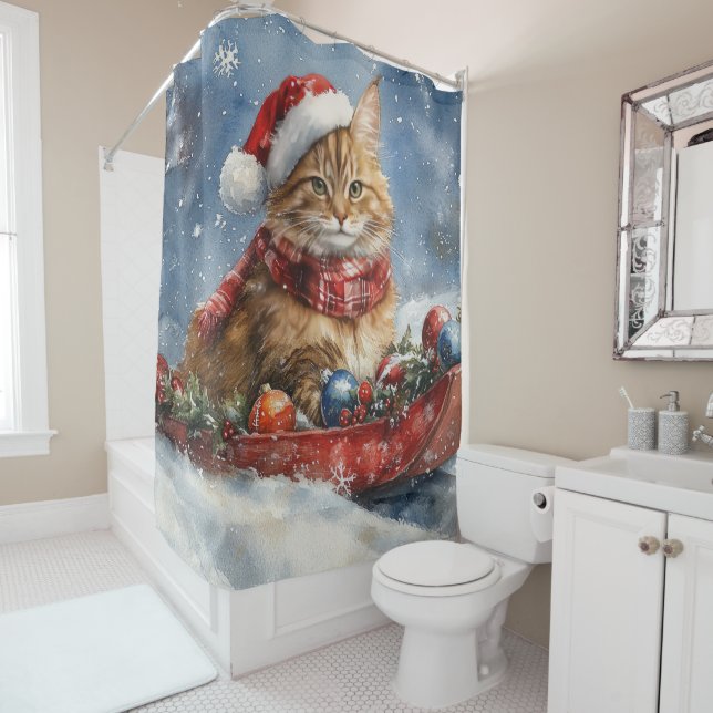 Rideaux De Douche Chat de Maine Coon en sledge Laisser neiger Noël (En situation)