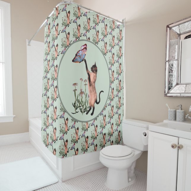 Rideaux De Douche Chat de Siamese avec Motif animal papillon bleu (En situation)