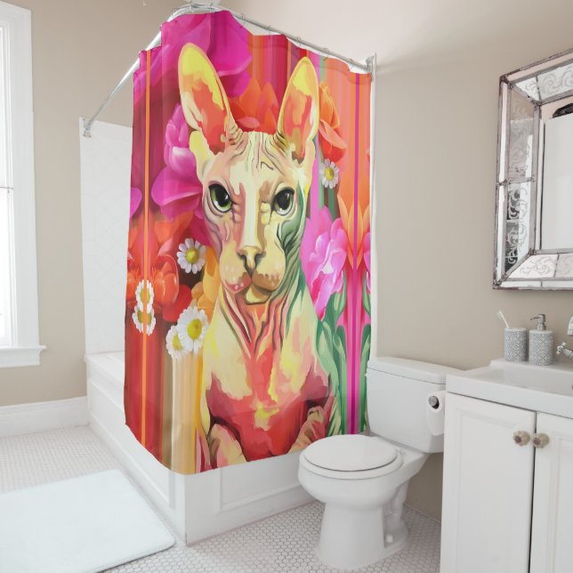 Rideaux De Douche Chat de Sphynx en fleurs (En situation)