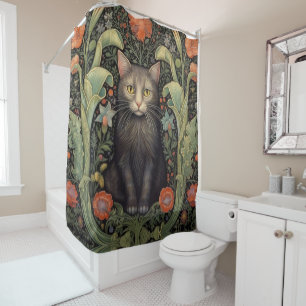 Rideaux De Douche Chat noir Art nouveau et fleurs rouges