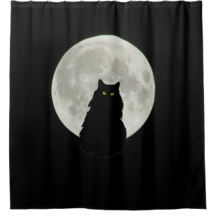 Rideaux De Douche Chat noir assis et Pleine lune