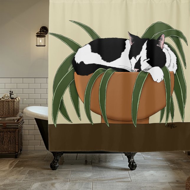 Rideaux De Douche Chat noir blanc Plante drôle (Créateur téléchargé)
