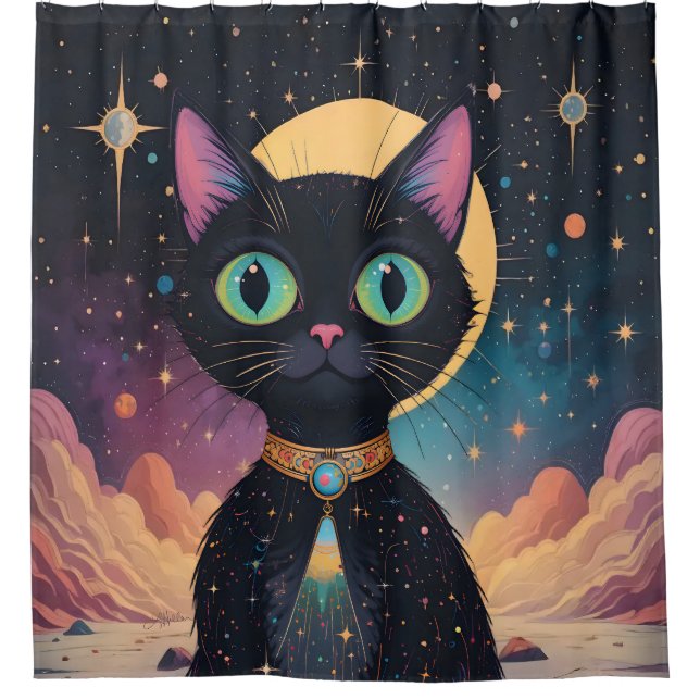 Rideaux De Douche Chat noir cosmique futuriste atomique en clair de  (Devant)