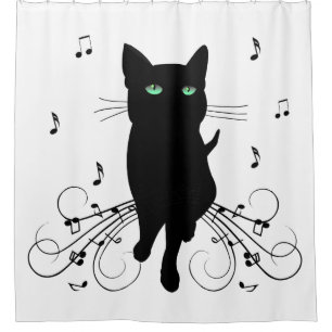 Rideaux De Douche Chat noir entouré de notes de musique murmurantes