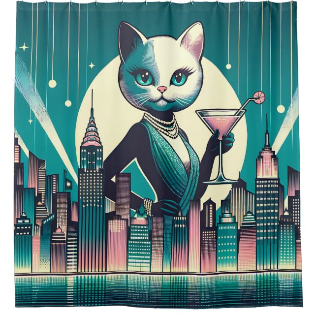 Rideaux De Douche "Chat noir et blanc moderne du milieu du siècle" (Devant)