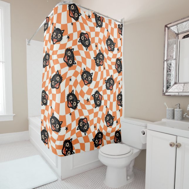 Rideaux De Douche Chat noir rétro Motif chèque orange (En situation)