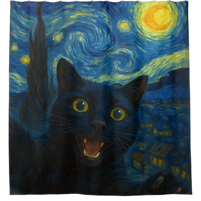Rideaux De Douche Chat noir Starry Nuit Van Gogh Chat Selfie (Devant)