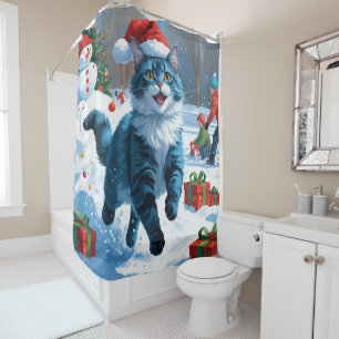 Rideaux De Douche Chat Oriental Bleu Assis dans un Chapeau de Noël e